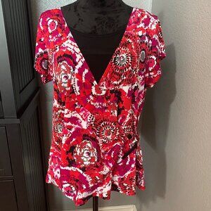 Bay Studio Blouse 1X Red Black Abstract Tie Dye Swirl Plus Size Career Boho Chic